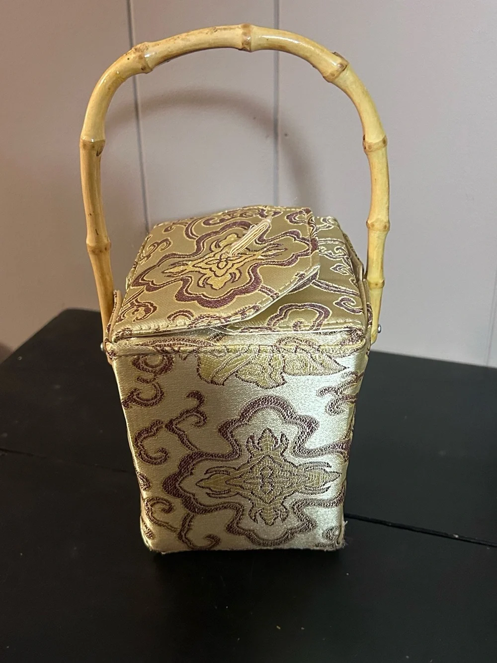 Asian Brocade Vanity Box Bamboo Handle Mirror Jewelry Sewing Trinket Box